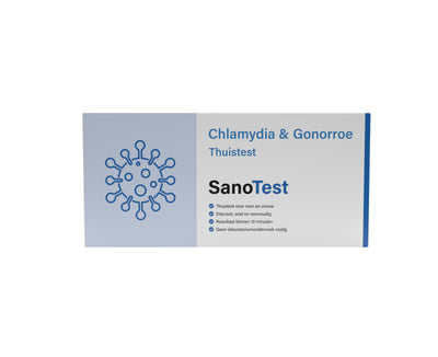Hoofdfoto van de verpakking van de Sanotest Chlamydia Gonorroe test. De verpakking heeft een strak, professioneel ontwerp met een blauw kleurenschema en duidelijke tekst. Het bevat informatie over de test, inclusief de snelle resultaten binnen 10 minuten en de 98% nauwkeurigheid